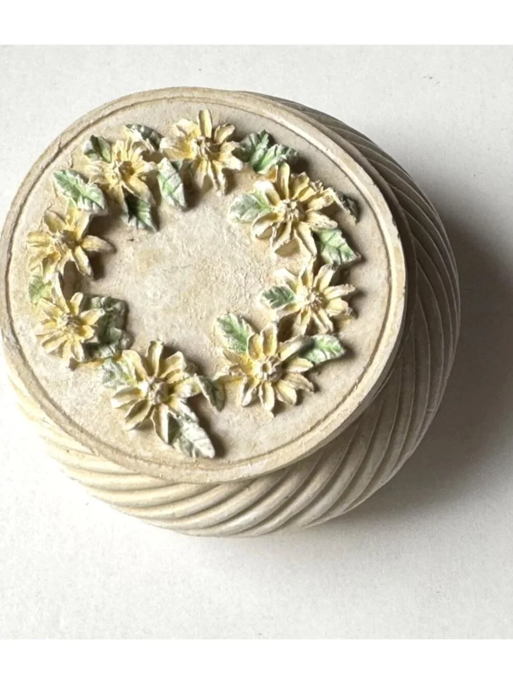 Vintage Ceramic Jewelry Trinket Box With Floral Lid Design & Swirl Pattern